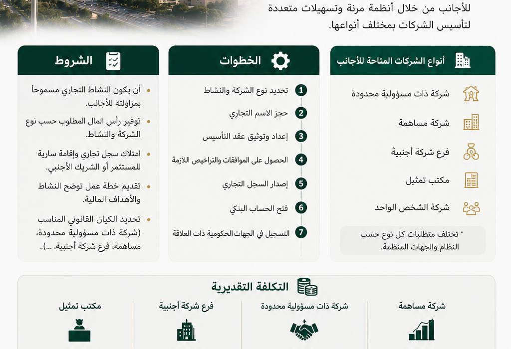 ليل شامل يوضح خطوات وشروط تأسيس شركة في السعودية للأجانب وفق تحديثات وزارة الاستثمار ووزارة التجارة لعام 2026